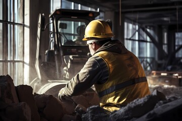 A construction worker operating heavy machinery at a building site.