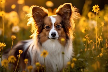 Papillon dog sitting in meadow field surrounded by vibrant wildflowers and grass on sunny day ai generated