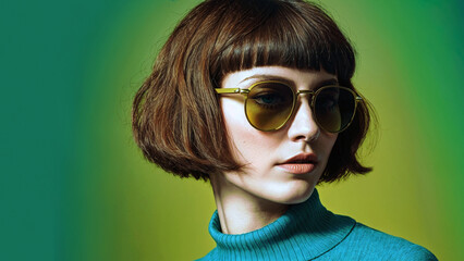 Fashionable young woman with bob hairstyle and round yellow sunglasses posing confidently in front...