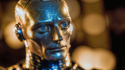 Fototapeta na wymiar Futuristic robot with star-shaped, metallic skin and human-like eyes that radiate a pensive look