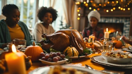 Happy African American mature woman brining stuffed turkey at dining table during family dinner, lifestyles, happiness, sitting, togetherness