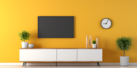 TV in tegu modern living room at the yellow wall created.