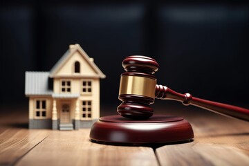 Gavel and house model on table, legal house auction, house mortgage, legal ruling, law and justice, auction, fair auction transaction, final deal - obrazy, fototapety, plakaty