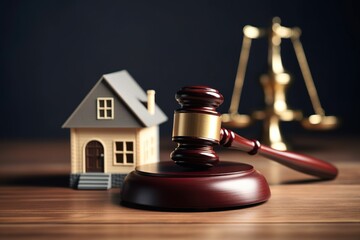 Gavel and house model on table, legal house auction, house mortgage, legal ruling, law and justice, auction, fair auction transaction, final deal - obrazy, fototapety, plakaty