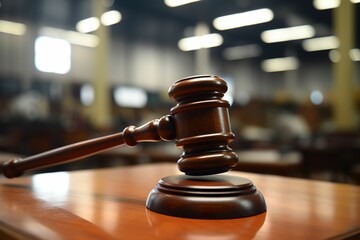 Gavel on wooden tabletop on court background, legal ruling, law and justice, auction, fair auction transaction, final word