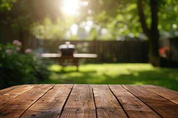 Empty wooden table across, summer time in backyard garden with grill BBQ, blurred background, shallow depth of field - obrazy, fototapety, plakaty