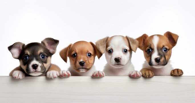 group of puppies on white background