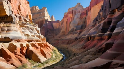 A canyon landscape with towering rock formations and deep, colorful striations. Generative AI.