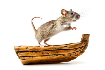 Rat jumping off a toy ship, isolated on white background