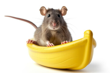 Cute rat sitting in a toy boat, isolated on white background