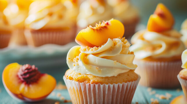 Delicious homemade cupcakes with cream cheese frosting and peaches