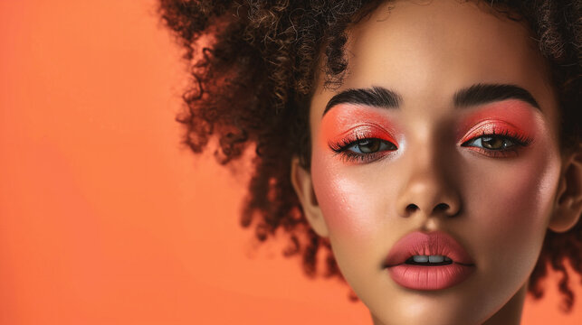Beautiful african american woman in pink sweater on pink background