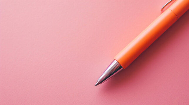 Orange pen on a pink background. Top view. Copy space.