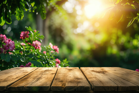 Photo wooden table and blurred green nature garden background with copy space
