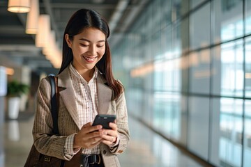 Young happy smiling professional Asian business woman manager, female worker holding cellphone using mobile phone standing in office hall working on smartphone texting, Generative AI - obrazy, fototapety, plakaty