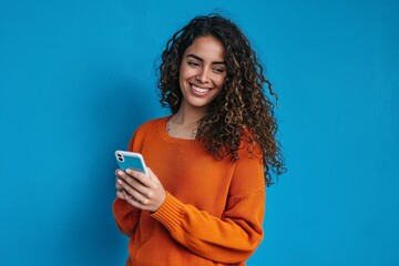 Young adult smiling happy pretty latin woman holding mobile phone device, doing ecommerce online shopping on cell, using apps on cellphone standing isolated on blue, Generative AI