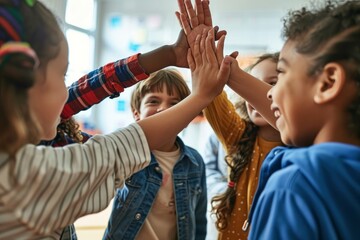 Happy diverse multiethnic kids junior school students group giving high five together in classroom. Excited children celebrating achievements, team, diversity and friendship with highfive,GenerativeAI - obrazy, fototapety, plakaty