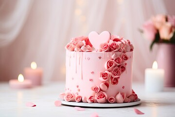  Pink festive valentine day's or wedding cake on the table in bright color room with copyspace