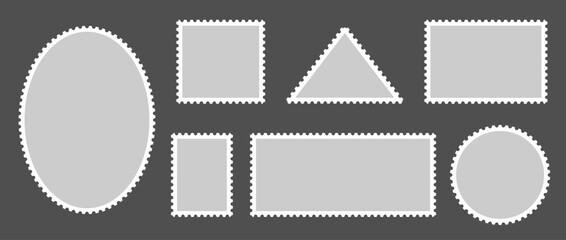 Grey postage stamp set. Post stamp frames or borders. Gray round, rectangular, triangle template for mail, postcard, letter. Vintage jagged wavy edge form or object for banner, badge, sticker. Vector