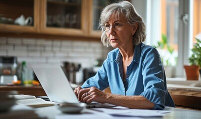 Adult senior 60s woman working at home at laptop. Serious middle aged woman at table holding document calculating bank loan payments, taxes, fees, retirement finances, Generative AI - obrazy, fototapety, plakaty