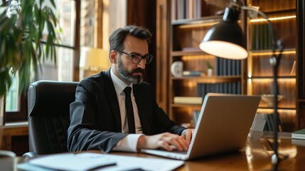 Obraz premium Serious lawyer working with laptop at table in office