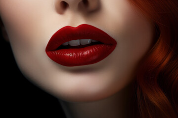Close-Up of Woman's Red Lips with Softly Textured Skin. Beauty and Makeup Concept