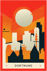 Dortmund city brutalism poster with abstract skyline, cityscape retro vector illustration. Germany, Westphalia region travel front cover, brochure, flyer, leaflet, business presentation template image