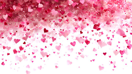 Love valentines background with pink falling hearts over white background copy space. Generative AI. 
