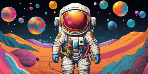 astronaut in in a colorful bubbles galaxy on a different planet, Pop art concept