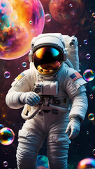 astronaut in in a colorful bubbles galaxy on a different planet, Pop art concept