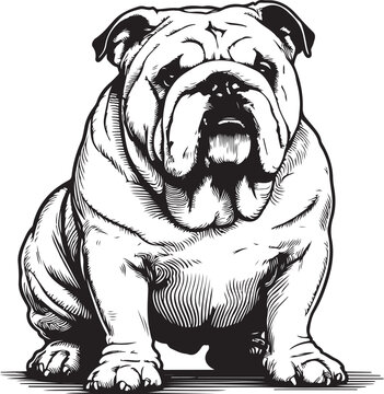 bulldog full body as a line art illustration, cartoon outline white background