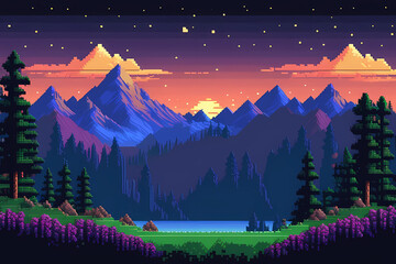 Night mountains 8bit game landscape