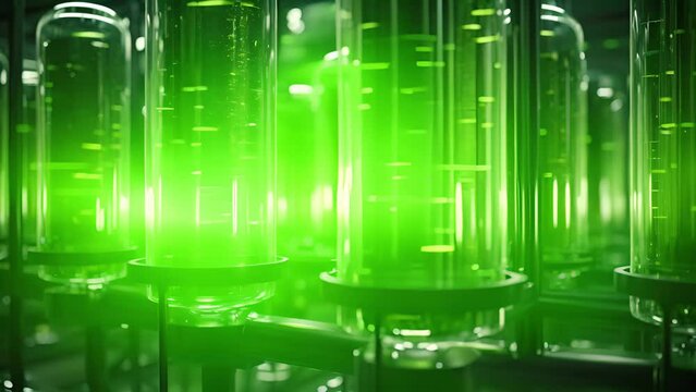 A futuristiclooking facility with stacks of large cylindrical tanks housing massive amounts of algae, a tingedge solution for sustainable food, feed, and biofuel production.