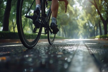 Fototapeta premium A bicyclist on a pedal-powered path promotes kinetic energy, embodying sustainable transportation and the eco-friendly use of human-powered mobility.