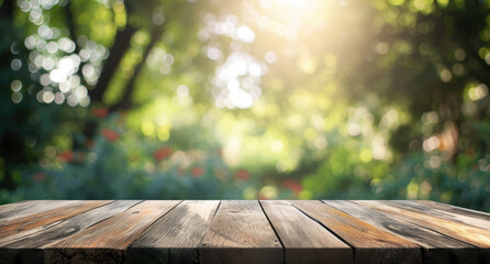 Wooden table and blurred background of the garden with trees
