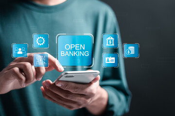Open banking financial technology fintech concept. Person use smartphone with virtual screen of open banking icon. api financial technology, fintech.