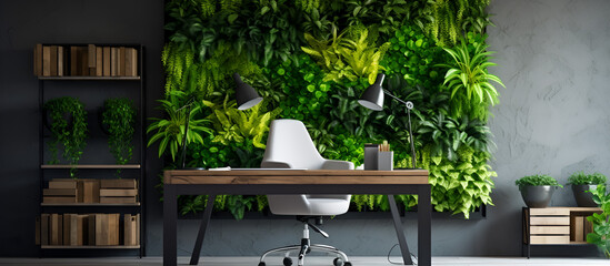 Modern office with elegant wood design, illuminated by electric lamp. Interior of office with modern workplace, shelving unit and houseplants.