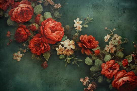 Decorative green and red blooming flowers in Rococo style background. Copy space and luxurious style