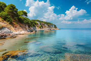 Mediterranean Serenity, Island Shore with Clouds and Clear Water