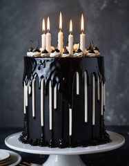 black gothic cake with candles