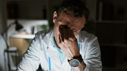 Exhausted man in labcoat feeling stressed in medical office interior, showing healthcare fatigue.