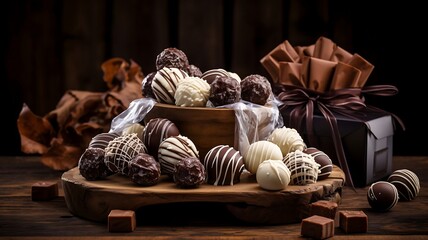 Assortment of chocolates on wooden background. Top view.