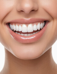 Obraz premium Healthy perfect teeth, young woman smiling. Teeth whitening. Dental concept. Isolated white background