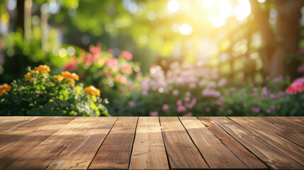 Wooden table with blurred garden background decorated for a party