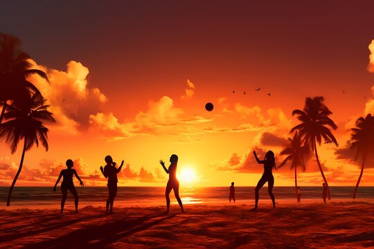 A group of friends playing a friendly game of volleyball on a sandy beach, the sun setting in the background casting warm hues.