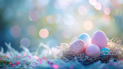 Fototapeta na wymiar Easter eggs nestled in a nest with a bokeh background