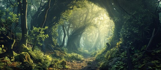 Mystical Green Forest Landscape, Generative AI