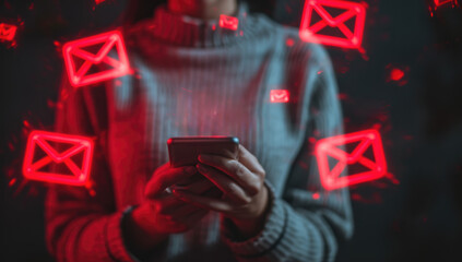 Woman receiving multiple glowing email notifications on phone in dark setting