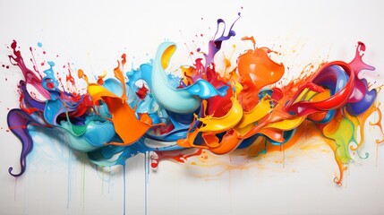 a symphony of colorful paint splashes arranged in a harmonious composition, their fluid and organic forms creating a visually captivating artwork against the clean white canvas.