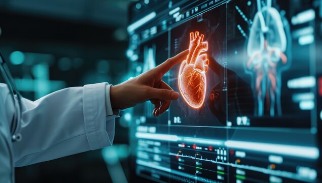 Doctor examining heart x ray on digital screen
